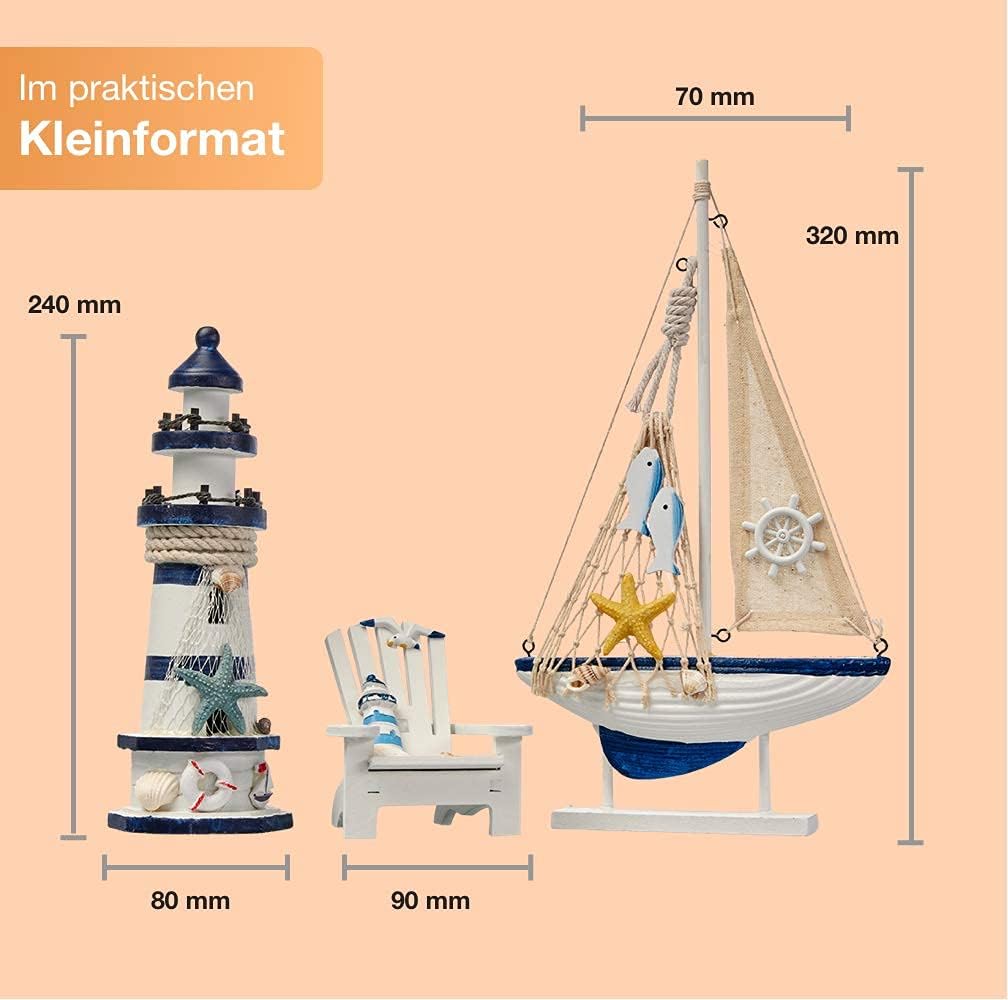 Flanacom Badezimmer Deko - 3er Set - Maritime Badezimmer Deko - Leuchtturm, Segel-Schiff und Strand-
