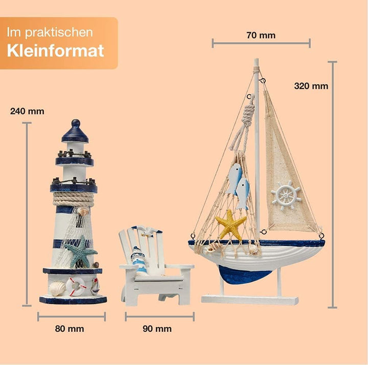 Flanacom Badezimmer Deko - 3er Set - Maritime Badezimmer Deko - Leuchtturm, Segel-Schiff und Strand-