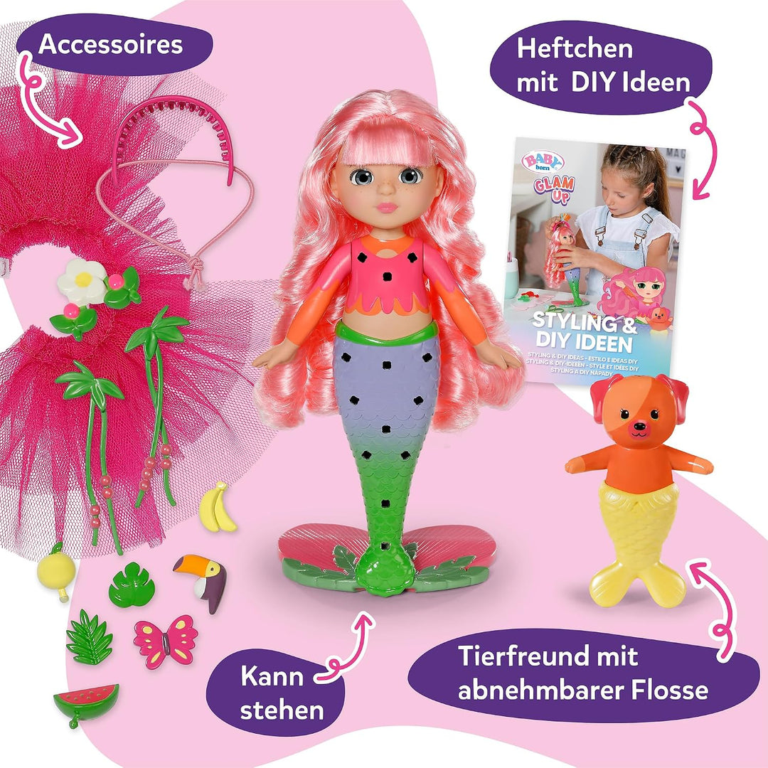 Baby Born Glam Up Sunshine, Meerjungfrau mit Langen rosa Haaren Haaren mit UV-Farbeffekt, zum Stylen
