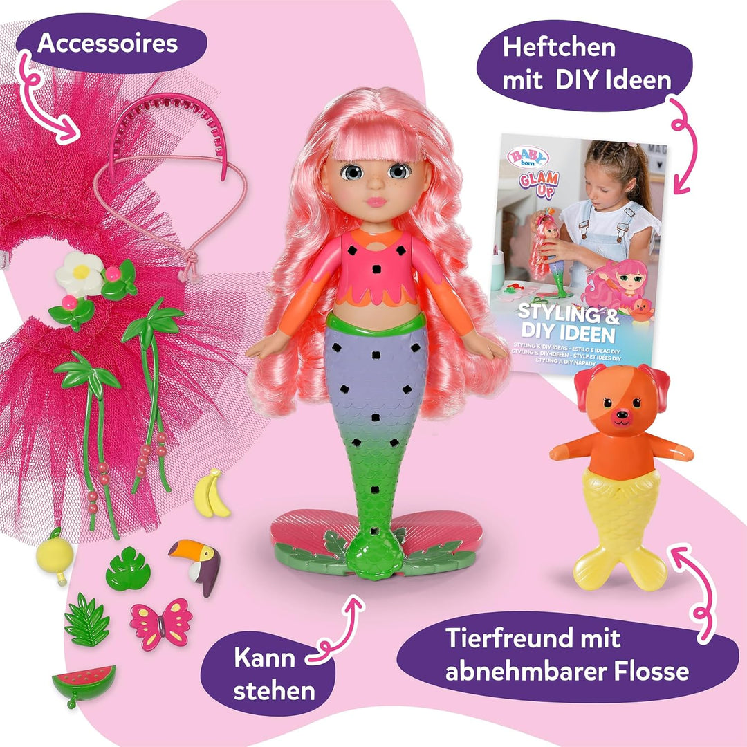 Baby Born Glam Up Sunshine, Meerjungfrau mit Langen rosa Haaren Haaren mit UV-Farbeffekt, zum Stylen