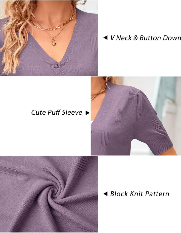 VOTEPRETTY Damen Strickjacke Sommer Kurzarm Cardigan V Ausschnitt Leichte Solid Top Elegant Bolero S
