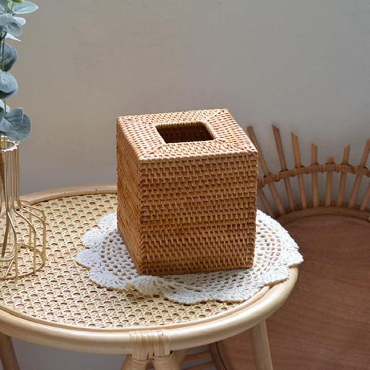 Kosmetiktücherbox aus Rattan, Quadratische Geflochtener Tücherbox Halter, Gewebter Gesichtstuchhalte