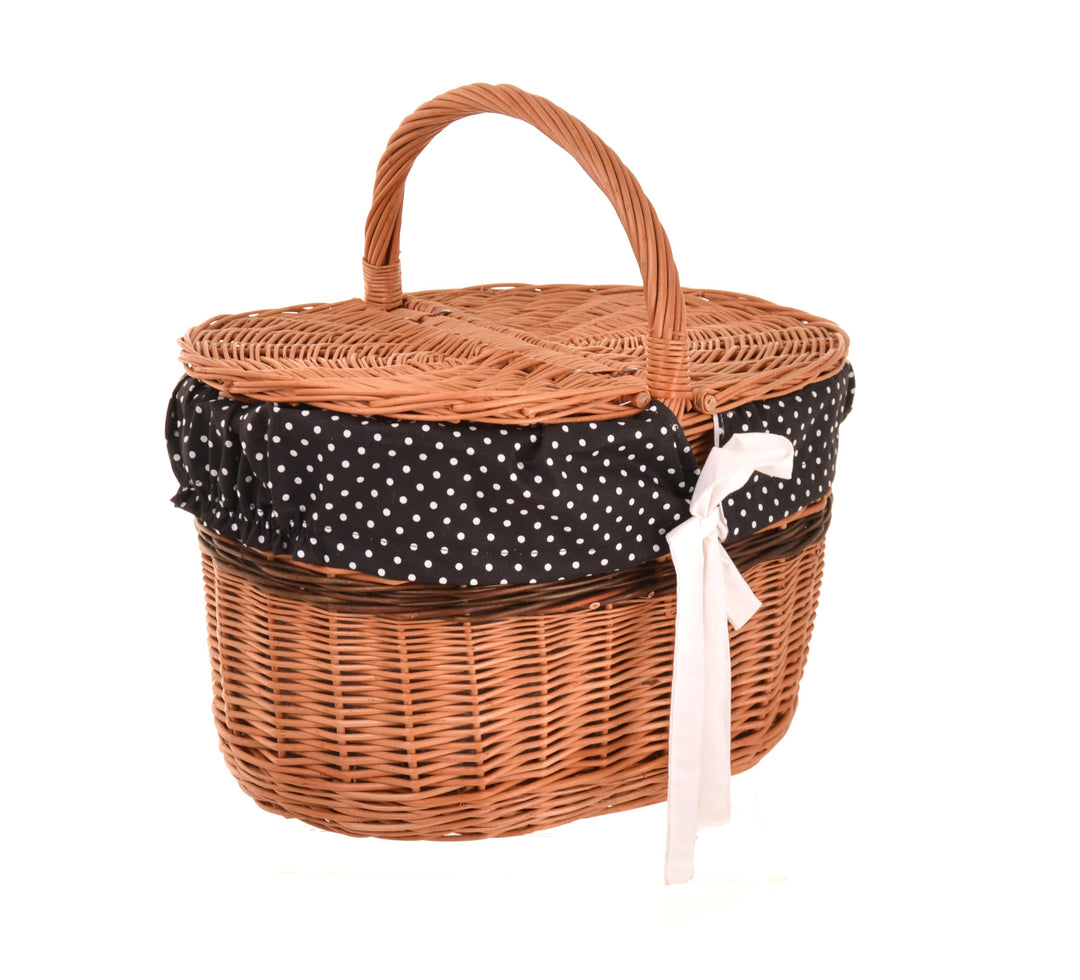 Picknickkorb mit Deckel 40 cm – Einkaufskorb Weide mit Henkel & Stoffeinlage (3 Designs) – Weidenkor