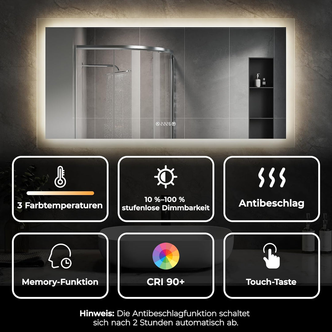 SVNR Badezimmerspiegel Mit Beleuchtung LED-120 x 60 cm Hintergrundbeleuchtung und 4mm Kupferfreiem,