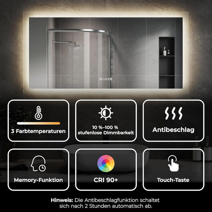 SVNR Badezimmerspiegel Mit Beleuchtung LED-120 x 60 cm Hintergrundbeleuchtung und 4mm Kupferfreiem,