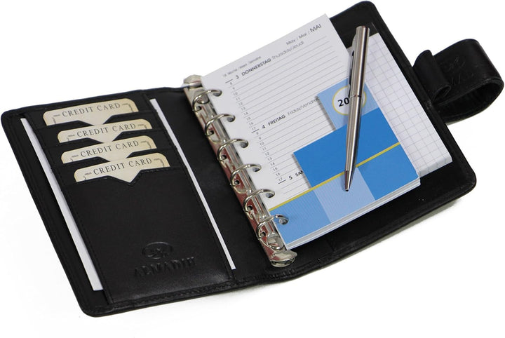 ALMADIH Leder A7 Terminplaner Kalender 2024 Notizblock Premium Rindsleder SCH in Geschenkbox – Leder