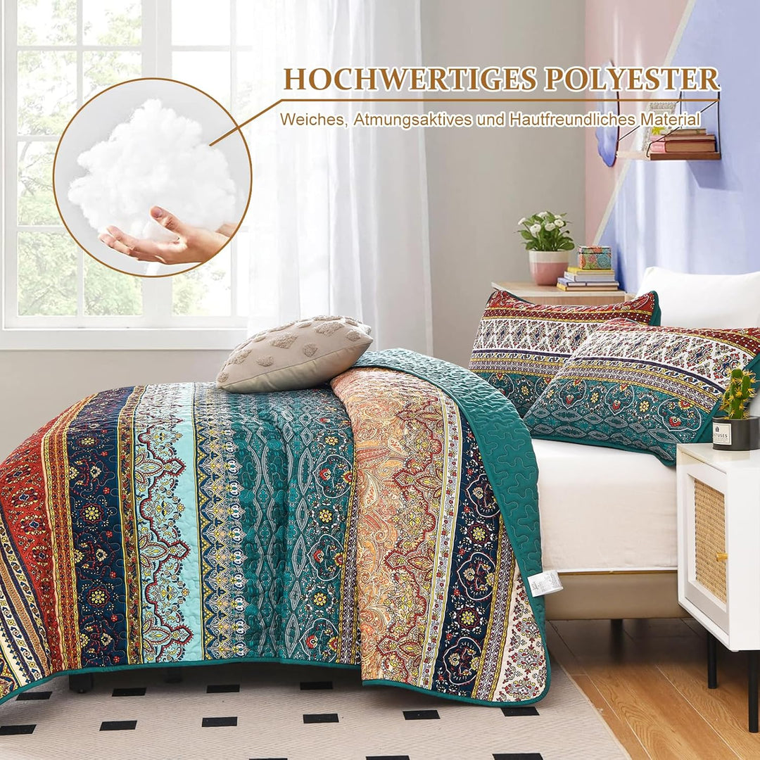 WONGS BEDDING Tagesdecke 220x240 Bettüberwurf Boho Decke Steppdecke 3 Teilig Doppelbett Gesteppt Bet