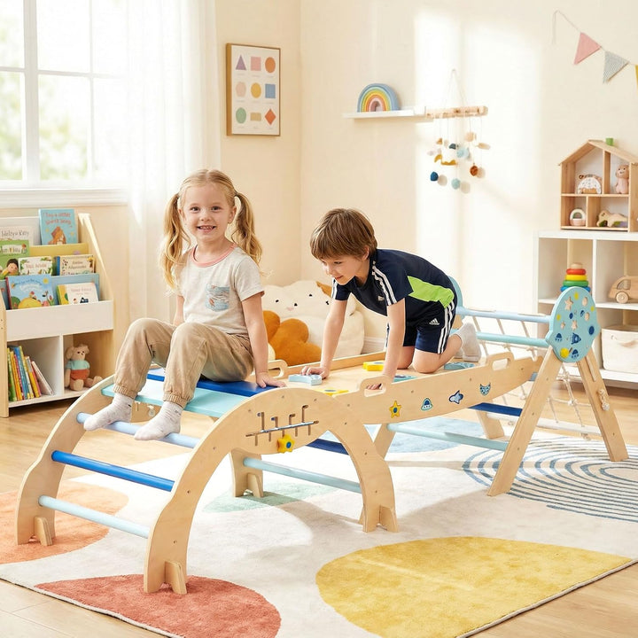 COSTWAY Klettergerüst Indoor 3er Set, klappabres Kletterdreieck mit Rutsche, Kletterbogen, Netz, ink