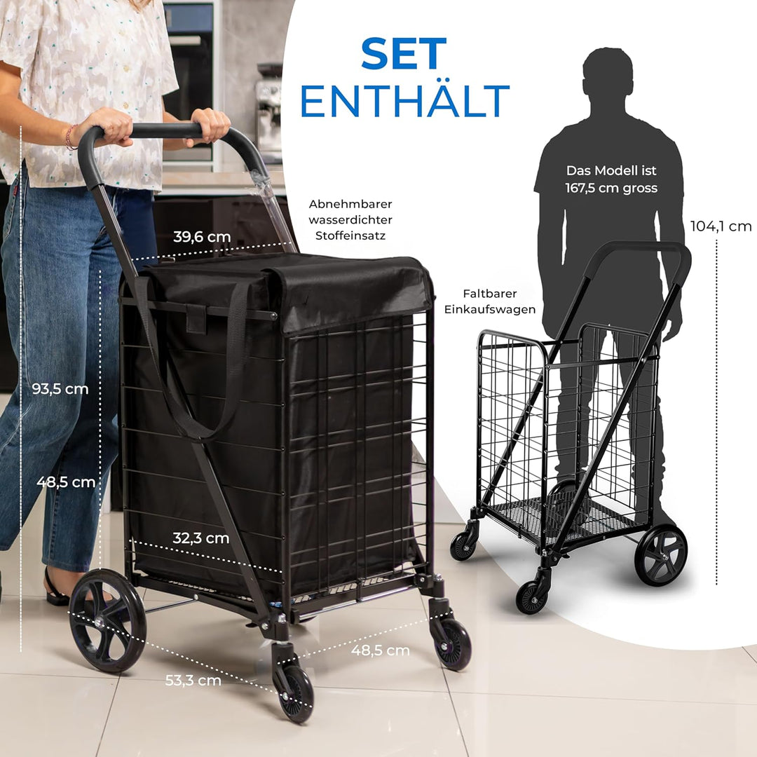 SereneLife Einkaufstrolley, Einkaufswagen Klappbar mit 50L Kapazität, Shopping Trolley belastbar bis