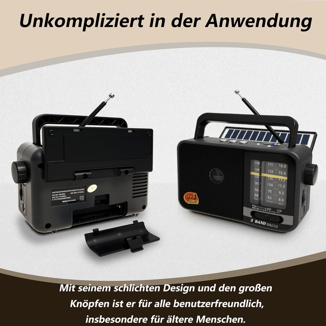 Bluetooth Radio Klein mit Solarzelle und 1200mAh-Batterie, AM/FM/SW Empfänger mit 8W Lautsprecher/TW