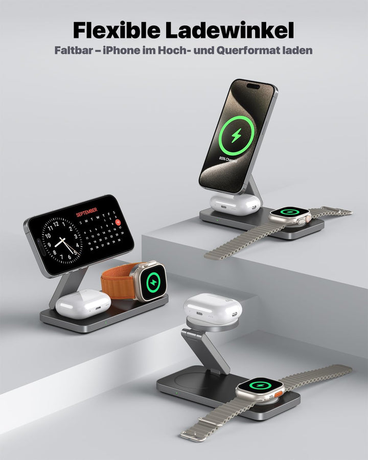 3 in 1 Ladestation mit Qi2.2 25W, Ladestation Apple Watch und iPhone Kompatibel mit Magsafe Ladestat