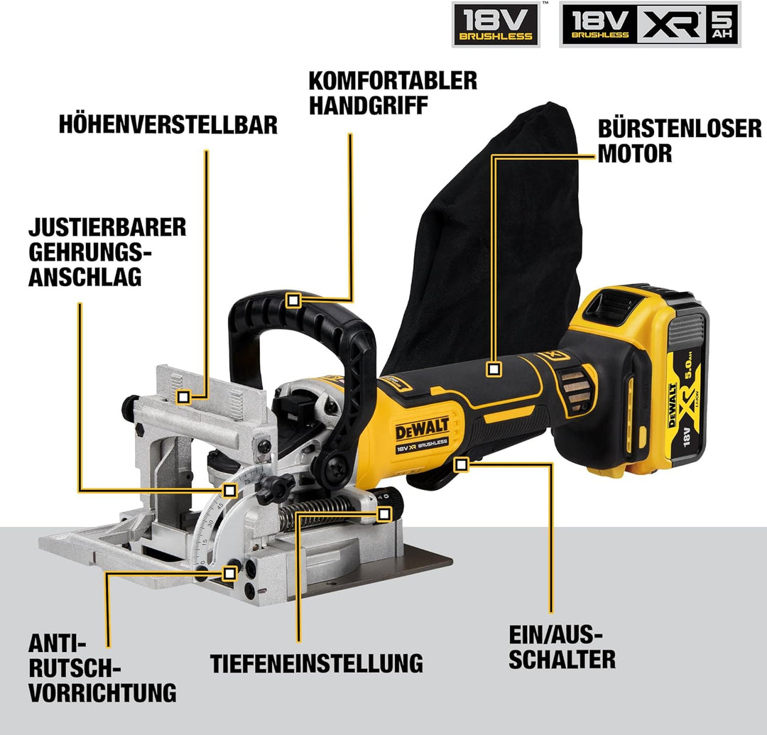 Dewalt 18V Akku-Flachdübelfräse DCW682NT (bürstenlos, mit präziser Zahnstangenführung & einstellbare