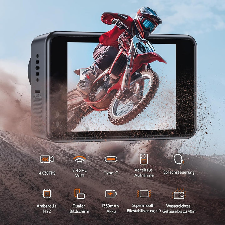 XTU Action Cam 4K30FPS 20MP Ultra HD 2,0 Zoll LCD Touchscreen 40M Unterwasserkamera mit 64GB U3 Spei