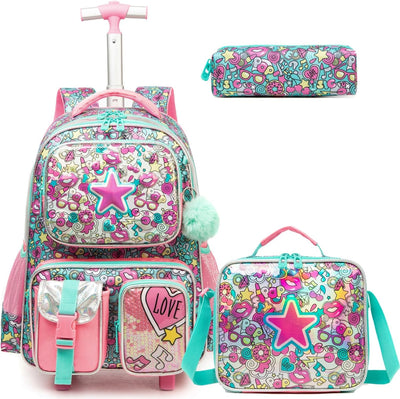 Egchescebo Kinder Rolling Rucksack für Mädchen Pentagramm Koffer Trolley Roller Gepäck Rucksäcke auf