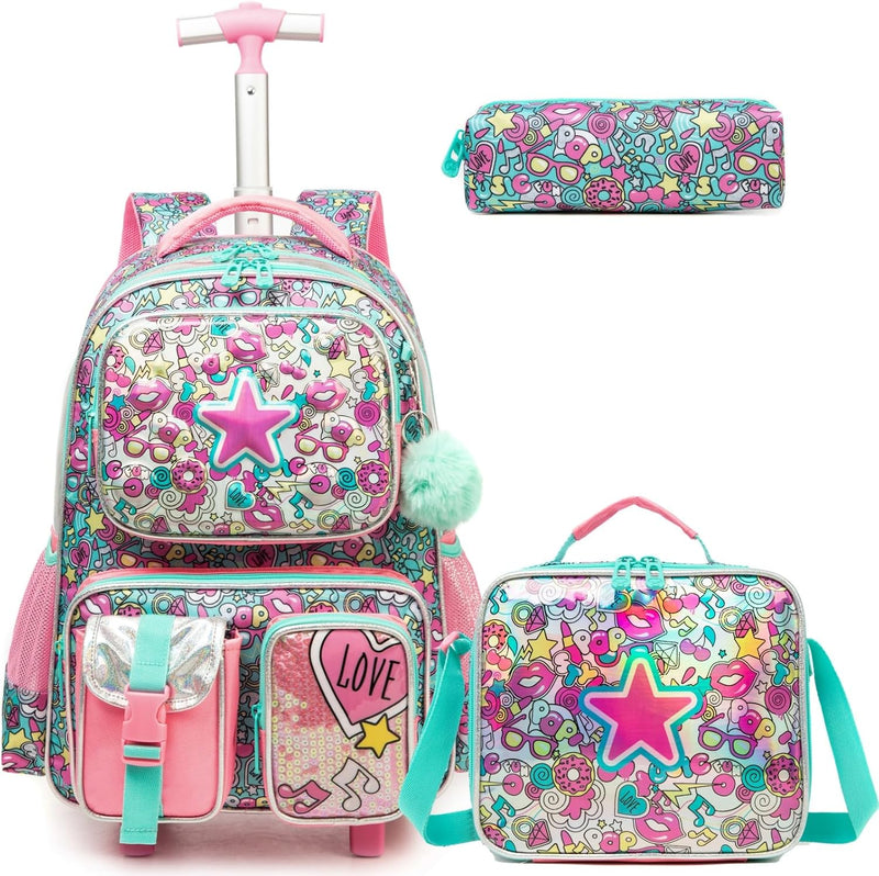 Egchescebo Kinder Rolling Rucksack für Mädchen Pentagramm Koffer Trolley Roller Gepäck Rucksäcke auf