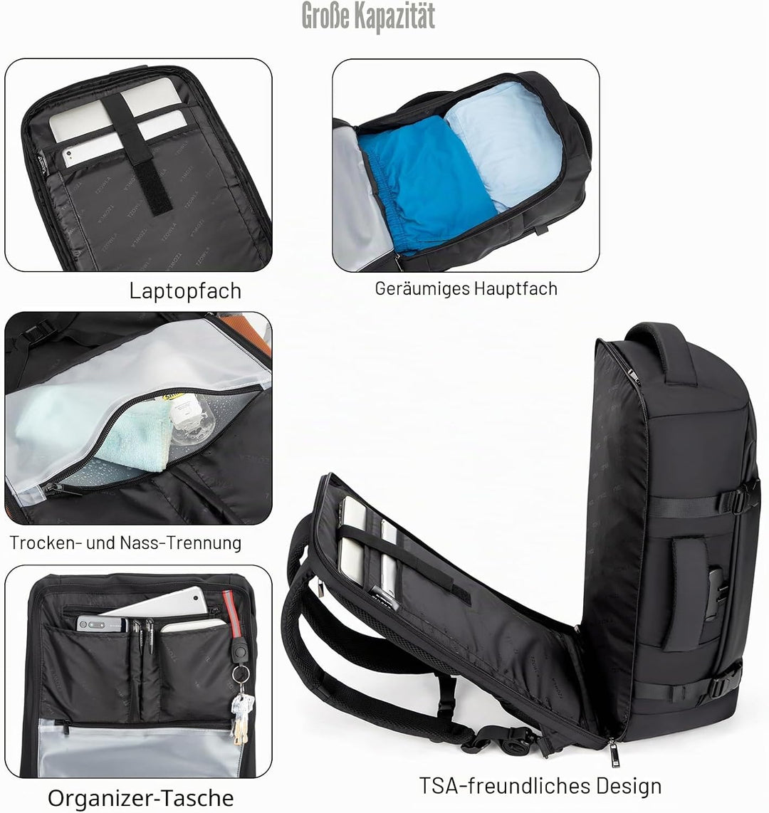 Tzowla ReiseRucksack Laptop Handgepäck Rucksack 40l für Damen und Herren,Fluggenehmigung,Grosses Fas