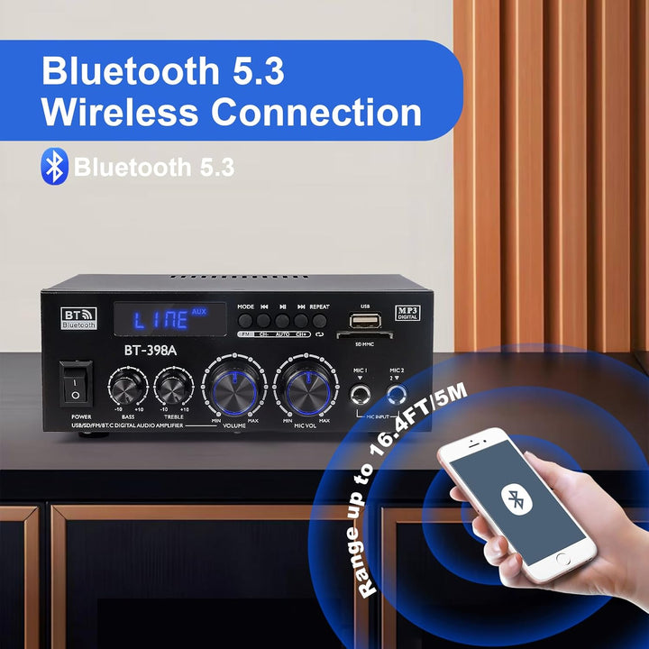 Verstärker HiFi Stereo, 2-Kanal Mini Amplifier, 60W +60W Geeignet für Zwei Lautsprecher um 10 Zoll,