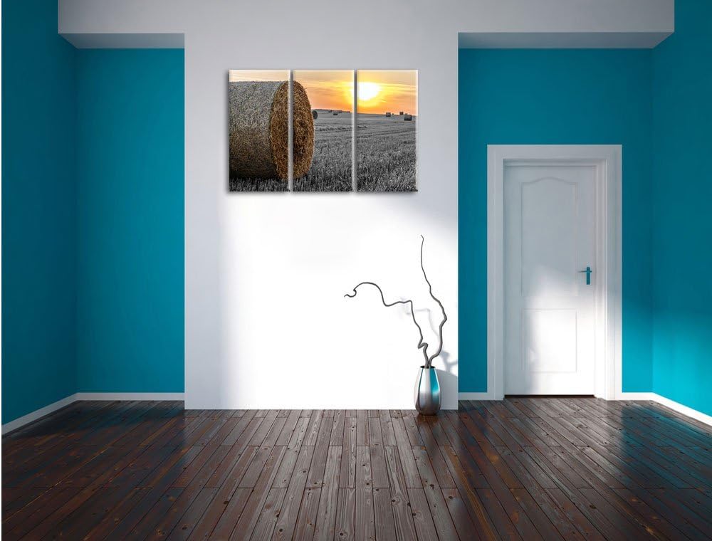 Pixxprint Strohballen auf Feld als Leinwandbild/Grösse: 3 Teilig (120x80) cm/Wandbild/Kunstdruck/fer