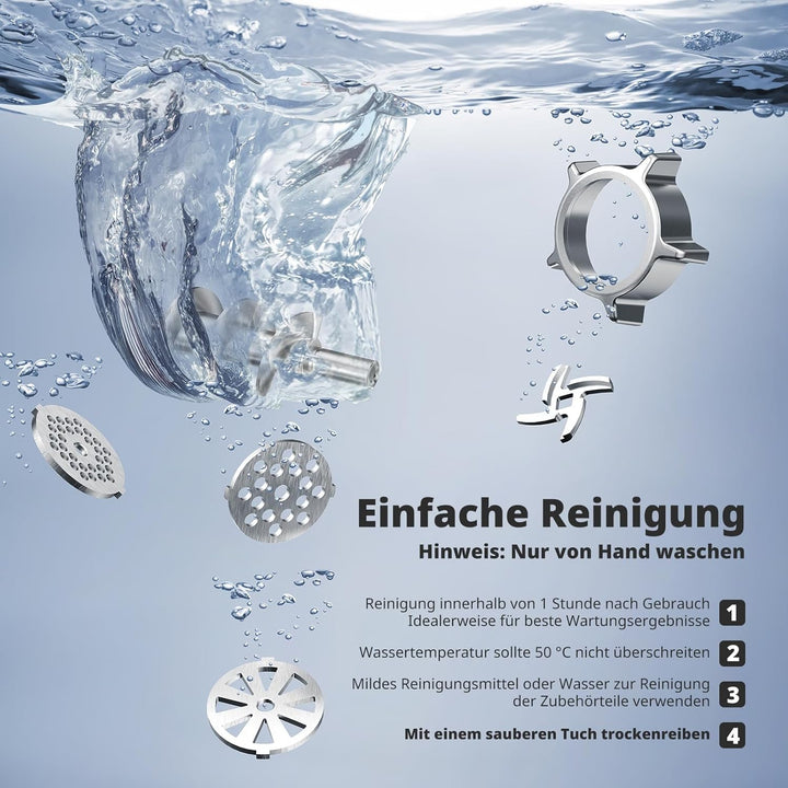 AIRMSEN Elektrischer Fleischwolf mit Wurstfüller, 2 Edelstahlklingen, 3 Mahlplatten und Kubbe-Zubehö
