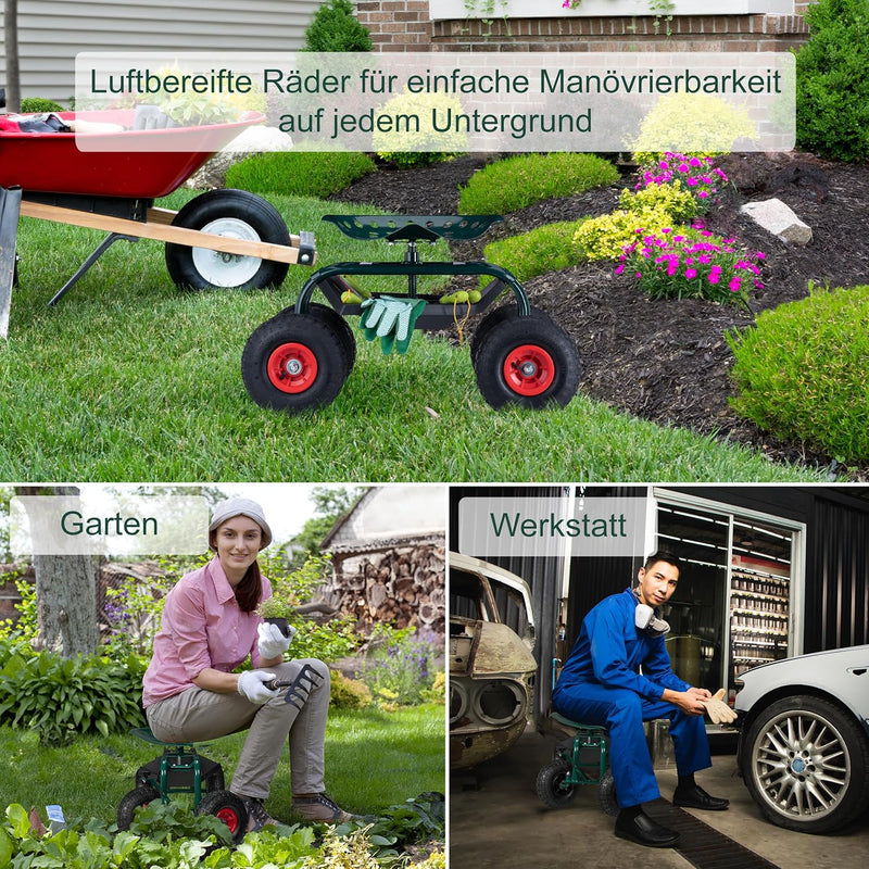 Relaxdays fahrbarer Gartensitz, höhenverstellbar, 150 kg, Stauraum, Rollsitz für Gartenarbeit, Stahl