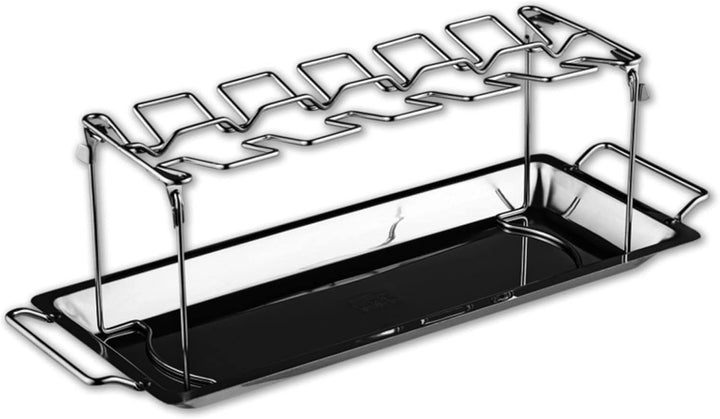 2x Edelstahl Hähnchenschenkel Halter mit Auffangschale für je 12 Schenkel Hähnchen Grill Backofen Hä