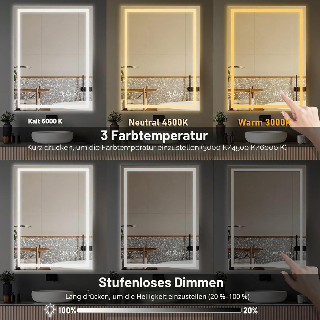 60x80cm Badspiegel mit Beleuchtung LED, Spiegel mit Light, Wandspiegel mit Frontbeleuchtung, Antibes