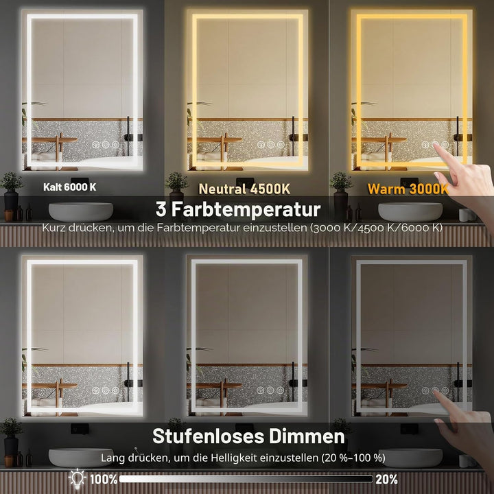 60x80cm Badspiegel mit Beleuchtung LED, Spiegel mit Light, Wandspiegel mit Frontbeleuchtung, Antibes