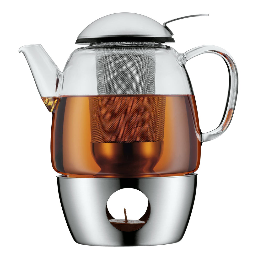 WMF SmarTea Teekanne mit Stövchen Set 3-teilig, Cromargan Edelstahl, Glaskanne 1l mit Siebeinsatz un