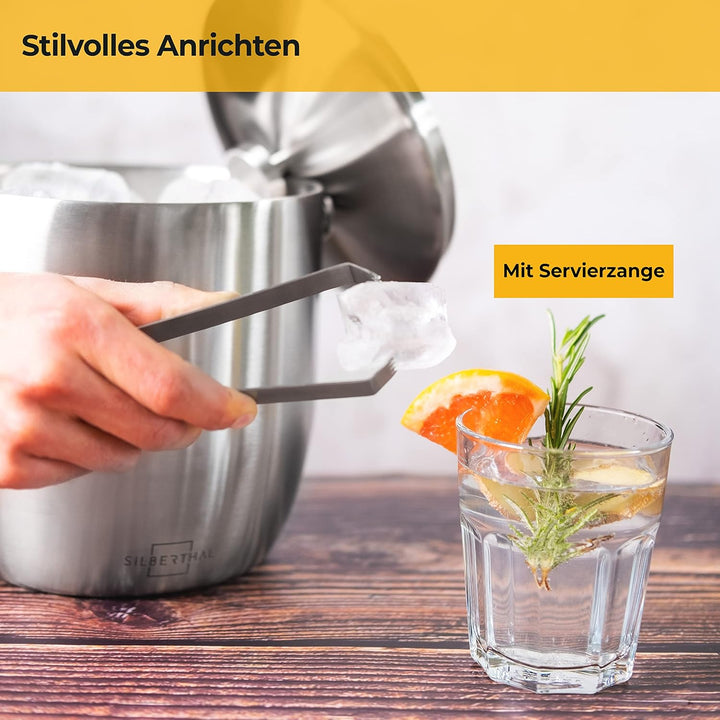 SILBERTHAL Grosser Eiseimer 3L mit Deckel und Zange - Edelstahl - Doppelwandig Isoliert - Eiswürfelb