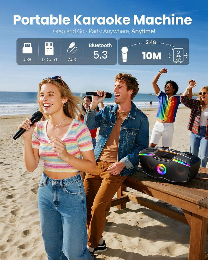 Bluetooth-Karaoke-Maschine für Erwachsene und Kinder, Tragbarer 80-W-Lautsprecher mit 2 Kabellosen M