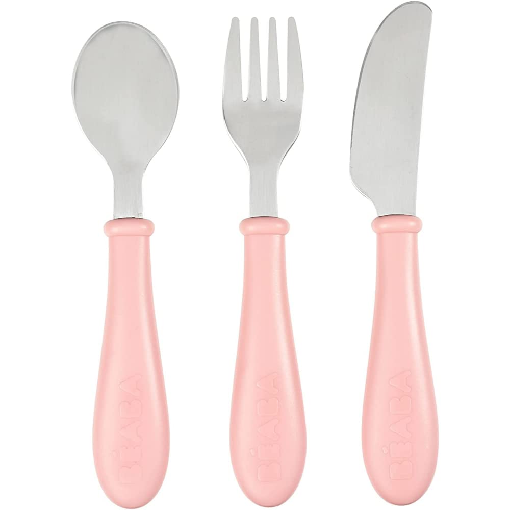 BÉABA, Kinder-Lernbesteck 3er-Set - Edelstahl - 2. Altersstufe, ab 12 Monaten - Babyfreundlich, Rosa
