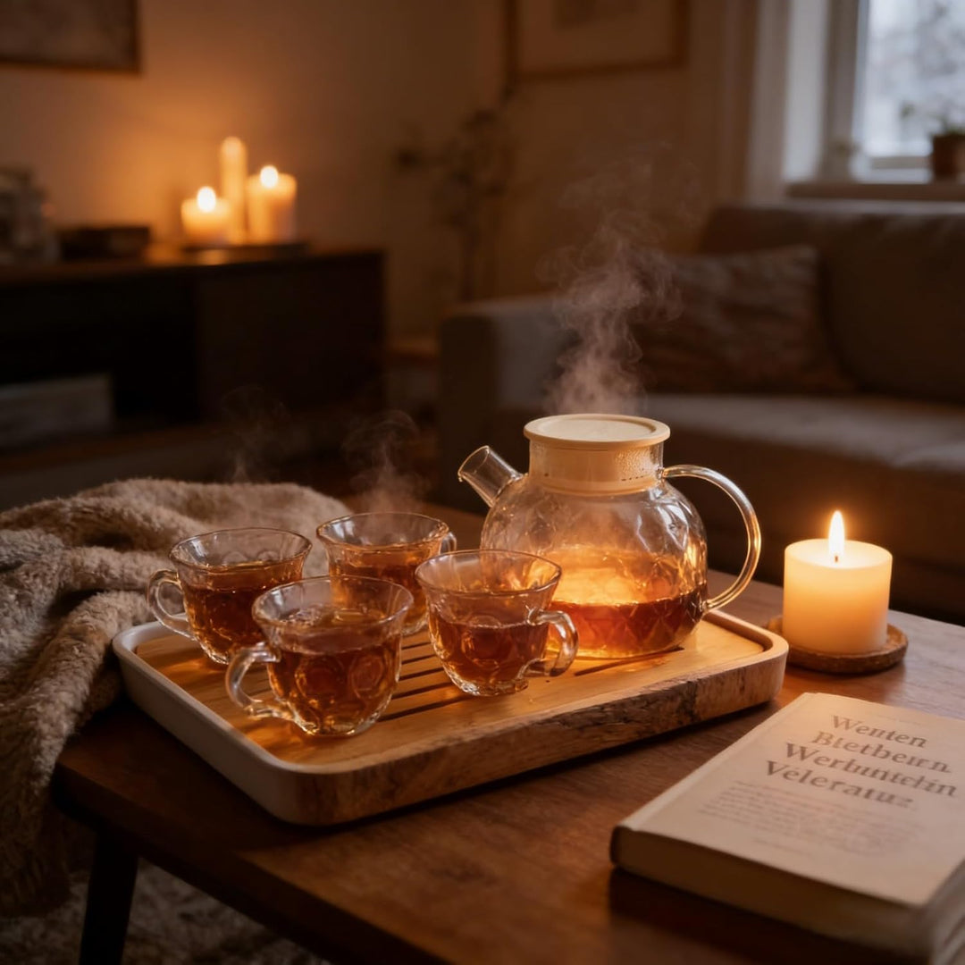 Tee Kannen Set 6-teilig – Besser im Glas Teekanne mit Filter & 4 Tassen auf Bambusbrett – Teeset mit