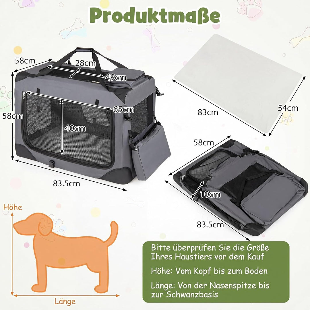 COSTWAY Hundebox Auto, Transportbox Hund faltbar (L-83,5 x 58 x 58 cm,Grau) | Hundetransportbox mit