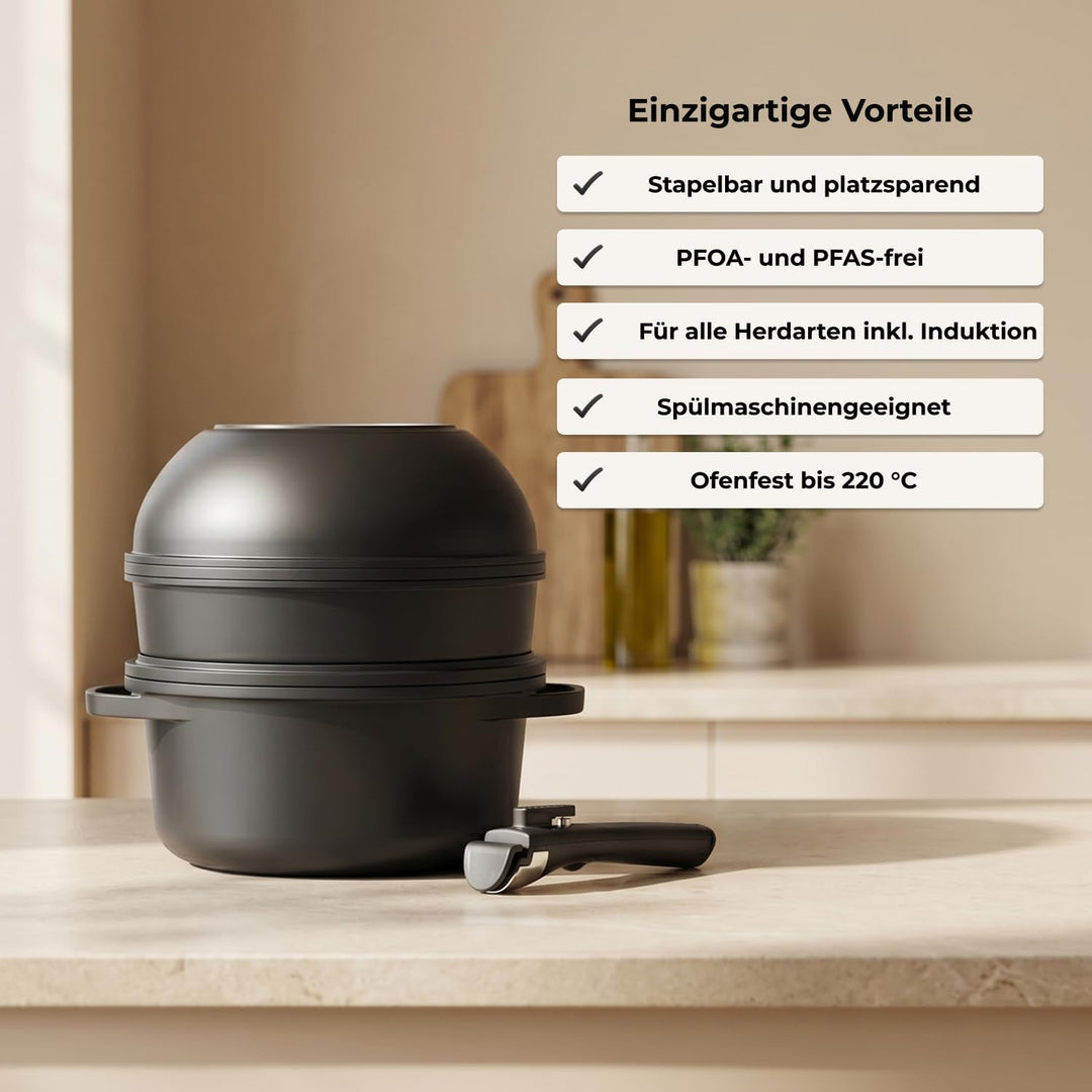 Pro Topf und Pfannenset 12-teilig Induktion, Abnehmbarer Griff, Stapelbar, Platzsparend, Backofenfes