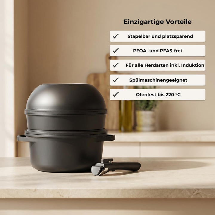 Pro Topf und Pfannenset 12-teilig Induktion, Abnehmbarer Griff, Stapelbar, Platzsparend, Backofenfes
