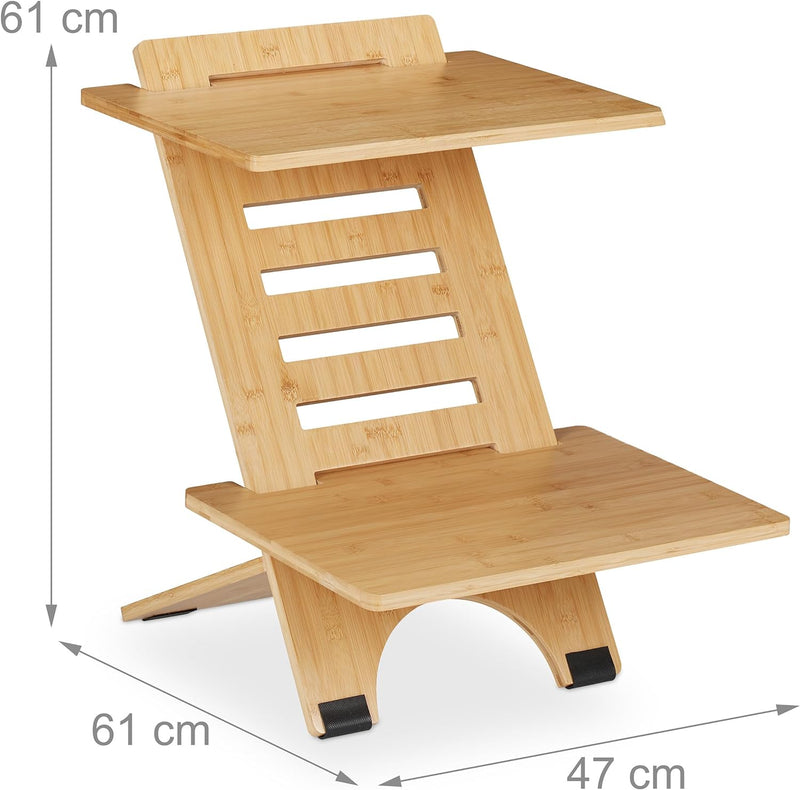 Relaxdays Stehschreibtisch Aufsatz, höhenverstellbar, 2 Ablagen, Bambus, Schreibtischaufsatz, stehen