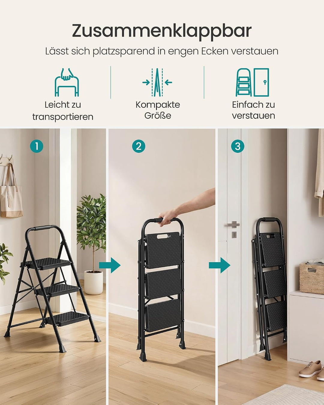 SONGMICS Trittleiter Stahl, Leiter 3 Stufen klappbar, Klappleiter belastbar bis 150 kg, Tritthocker