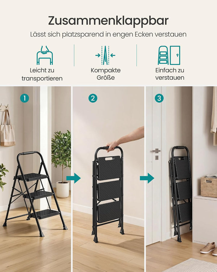SONGMICS Trittleiter Stahl, Leiter 3 Stufen klappbar, Klappleiter belastbar bis 150 kg, Tritthocker