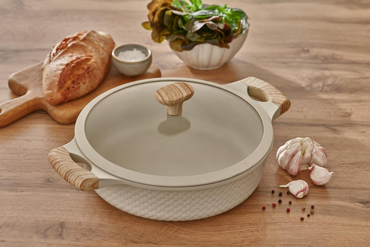 RESTO 93806 Bräter mit Glasdeckel Ø28cm beige 4,1L - stilvoller Schmortopf antihaftbeschichtet, Indu