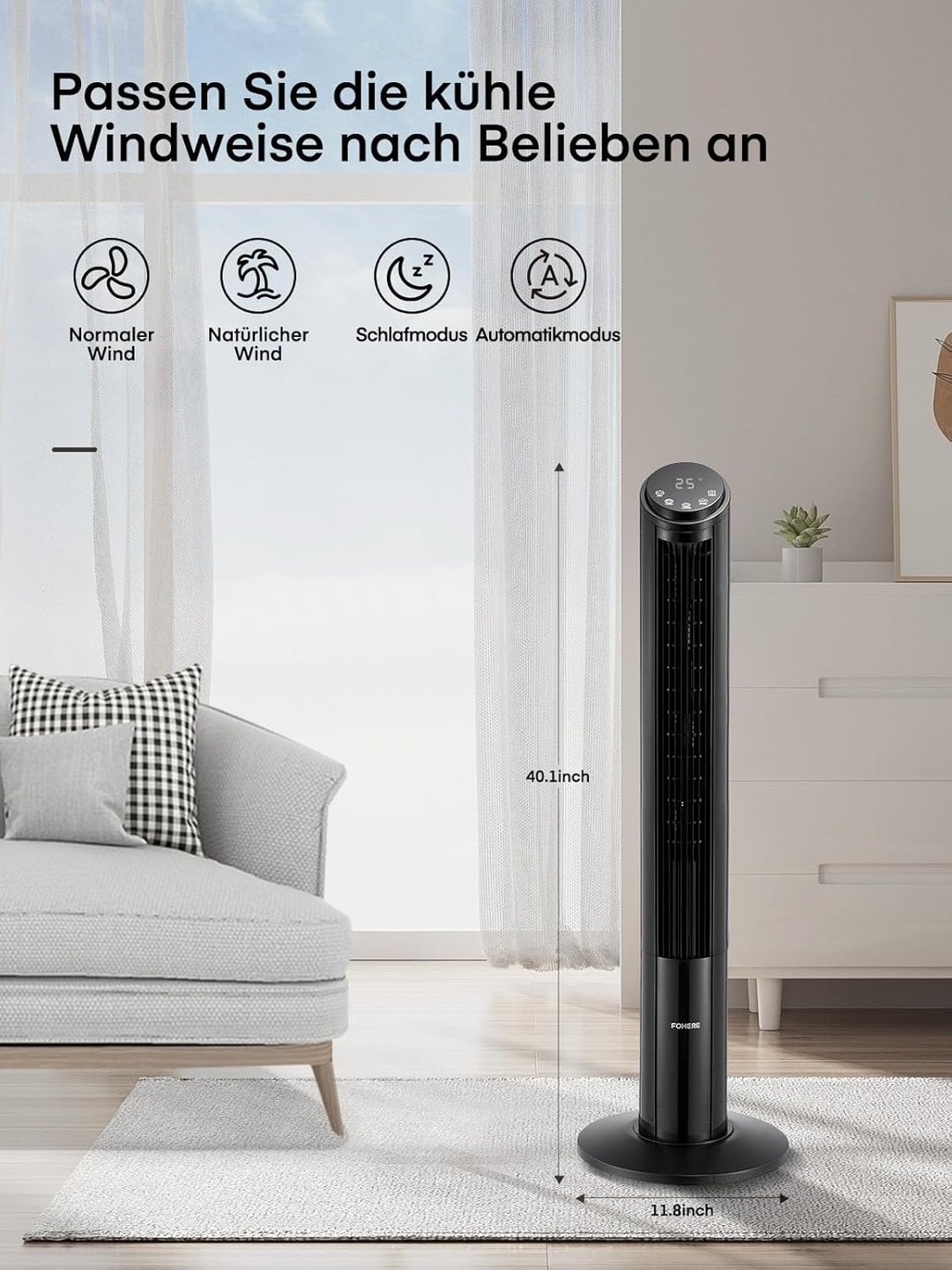 FOHERE Turmventilator Sehr Leise mit Fernbedienung für Zuhause, 102cm Oszillierender Leiser Gleichst
