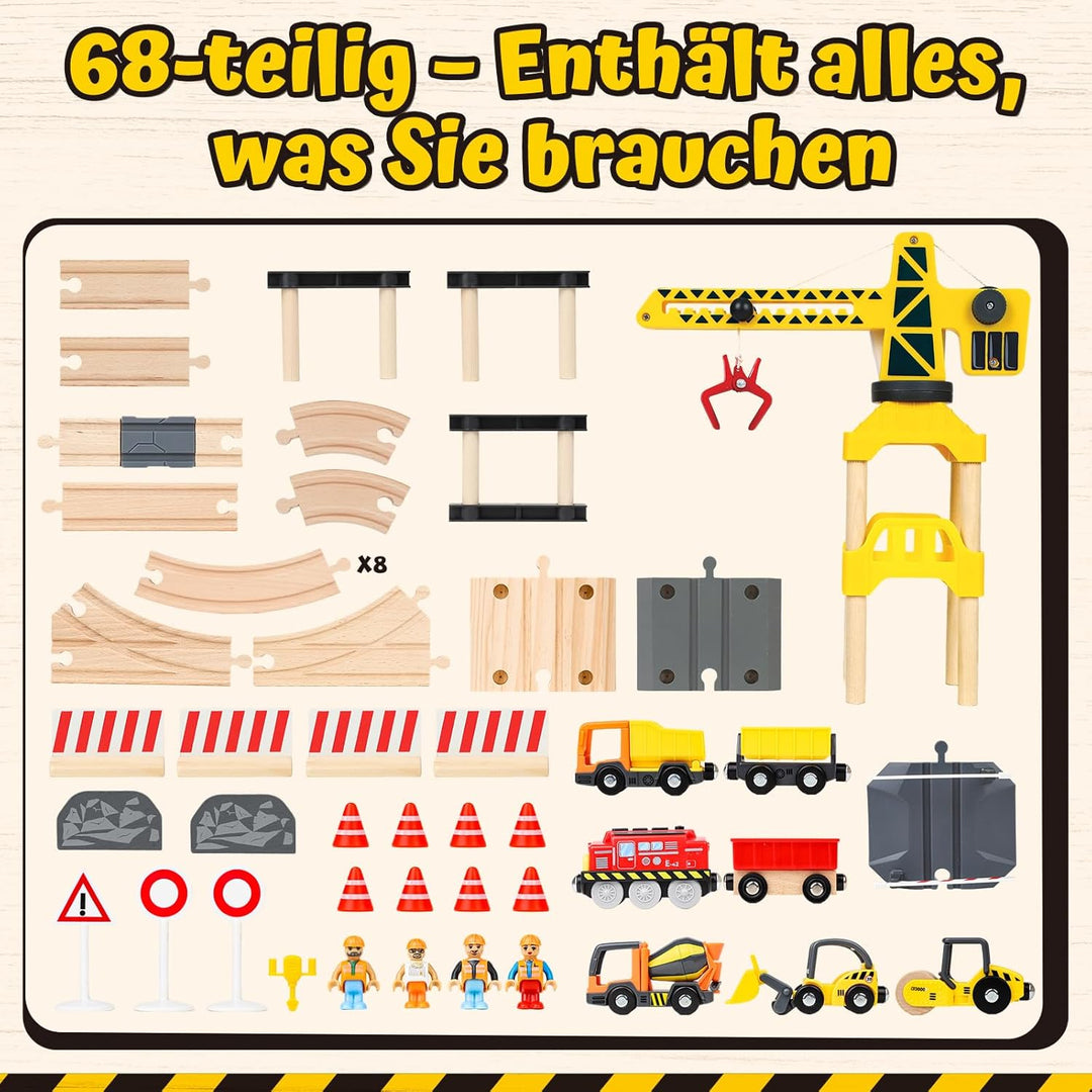 Lehoo Castle Holzeisenbahn, 68 Pcs Eisenbahn Holz mit Kran Spielzeug, Eisenbahn Kinder Elektrisch, B