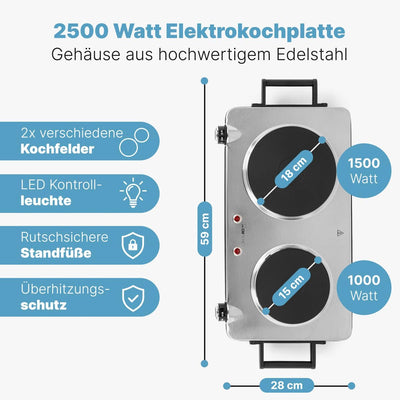 Clatronic Doppel-Kochplatte DKP 3668 E, für Camping, Küche oder Büro, zwei Kochplatten gross 18 cm u