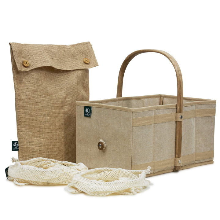 achilles Einkaufskorb aus Holz mit Obst- und Gemüsenetz, Klappbarer Korb, Picknick-Korb, Einkaufsbox