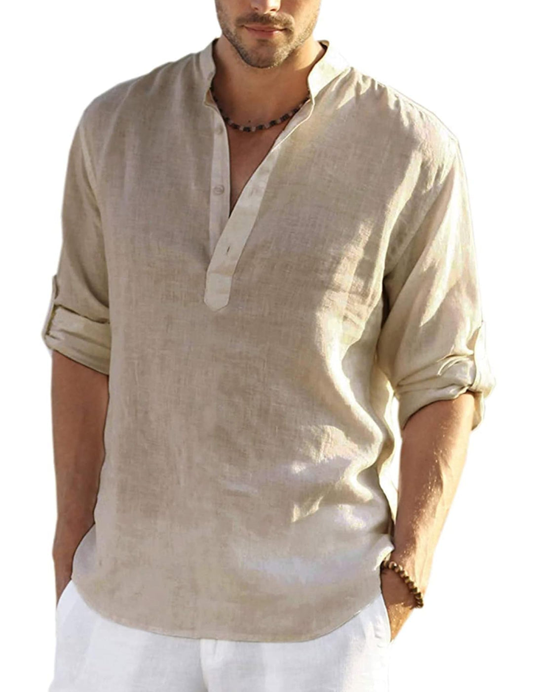 COOFANDY Hemd Herren Langarm Leinenhemd Baumwolle Henley Shirt Casual Regular Fit Sommerhemd S Khaki