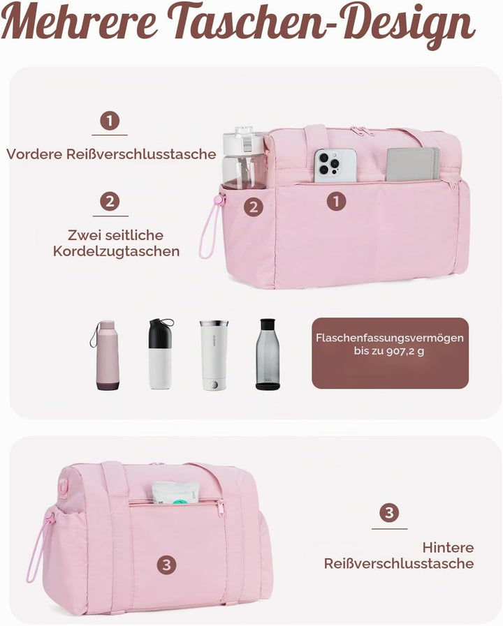 Sporttasche Damen Klein mit Nassfach Yogatasche für Matte, Rosa gesteppt | Yoga-Mattenhalter, verste