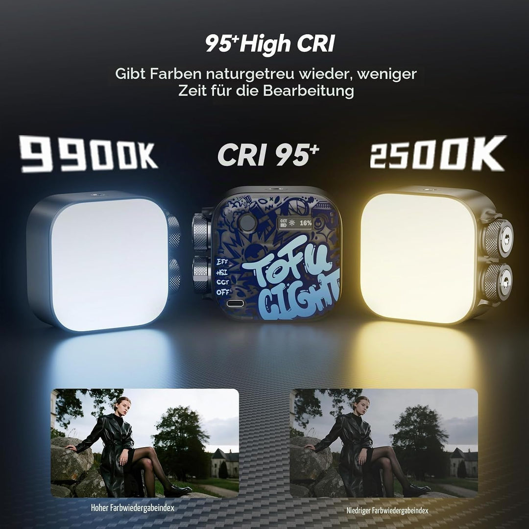 Photoolex Tofu RGB Taschen Mini LED Videoleuchte mit kompakter | CRI96+, Farbtemp 2500K–9900K, 2000m
