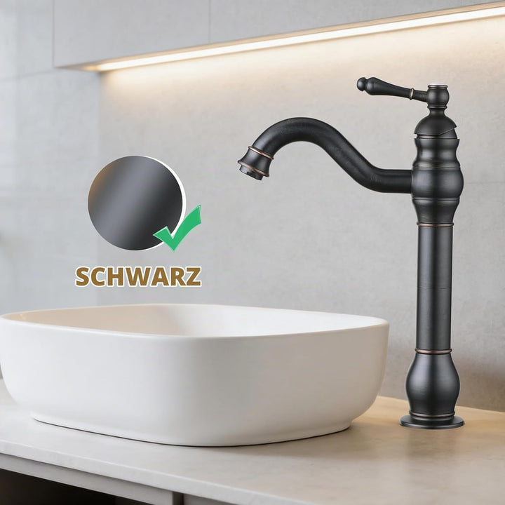Badezimmer Waschbecken Mischer Hahn, reiner Kupfer Griff Einzel Loch Retro Badezimmer Hahn (Schwarz)