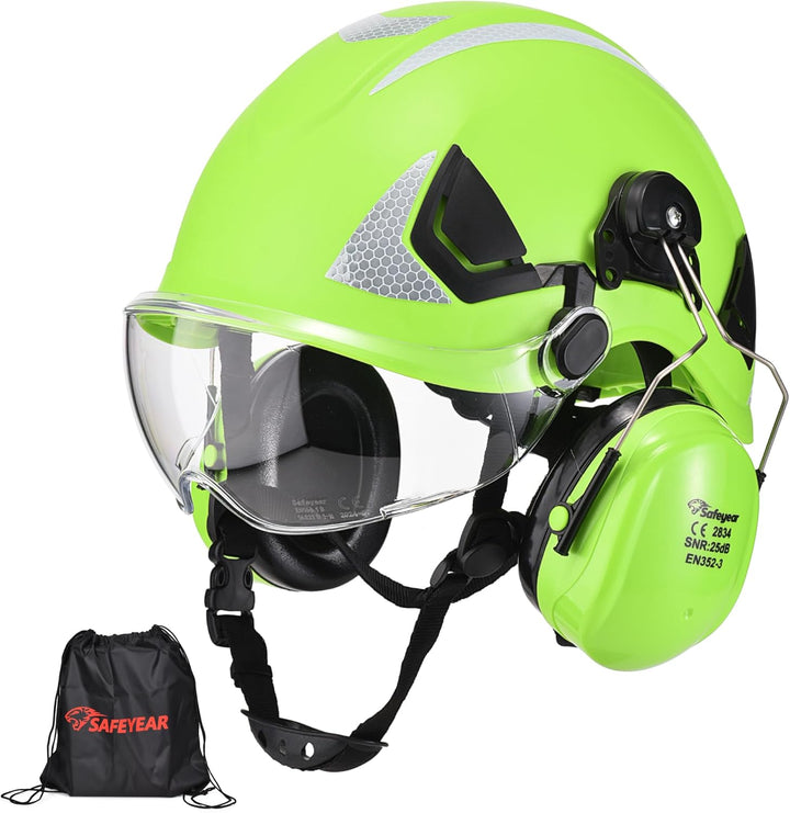 SAFEYEAR Sicherheit Harter Hut mit Anti-Kratzer Brille, eramuffs, CE EN397 Sicherheitshelme mit Kinn