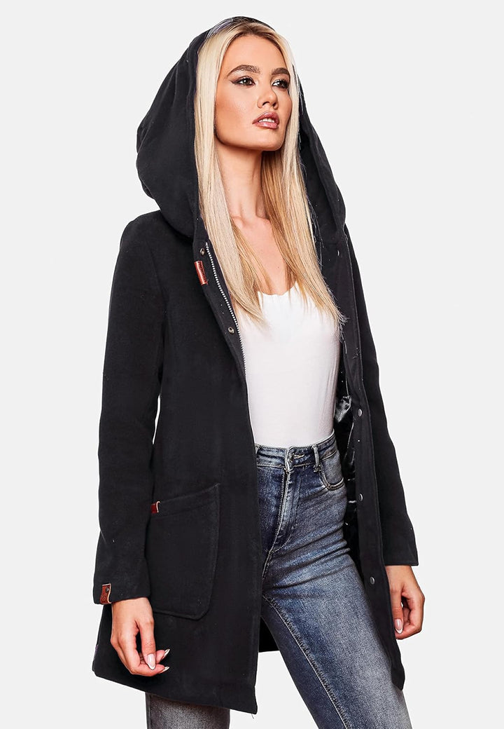 MARIKOO Damen Mantel in Wollmantel-Optik warmer Trenchcoat mit Kapuze Maikoo XS-5XL XL Dark Navy, XL