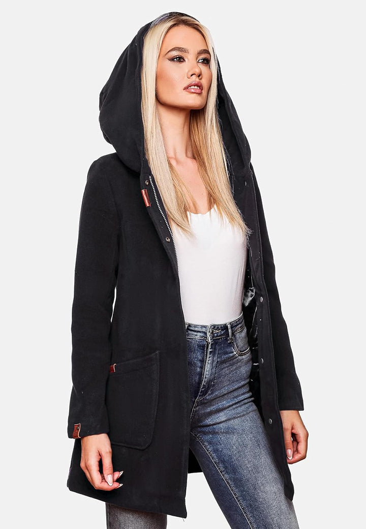 MARIKOO Damen Mantel in Wollmantel-Optik warmer Trenchcoat mit Kapuze Maikoo XS-5XL XL Dark Navy, XL